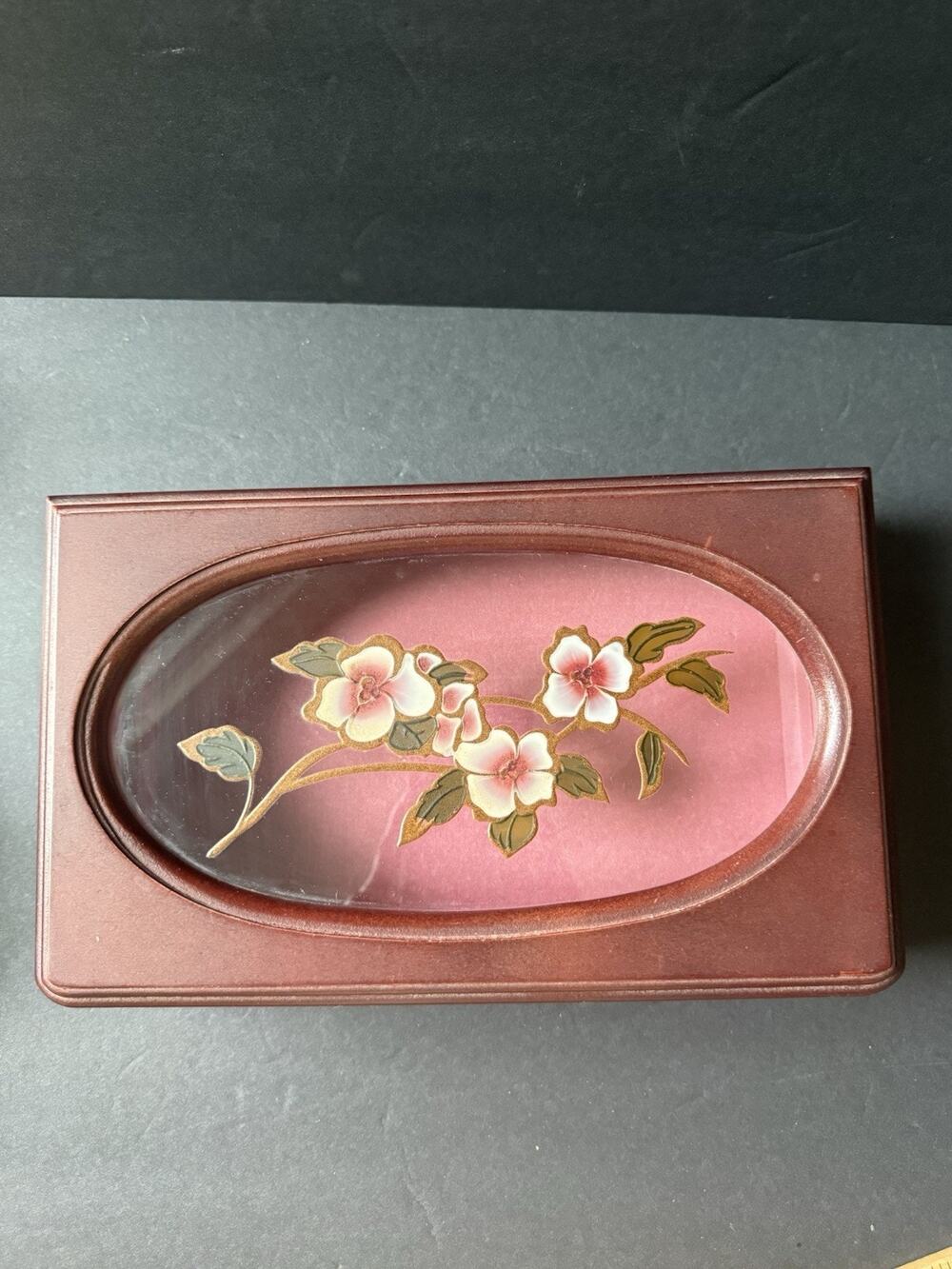 Vtg. Redwood Floral Jewelry Box Lined Faux Stained Glass Rectangle Cottagecore